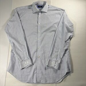 Esquire Men Dress Shirt 17 36/37 Blue White Micro Check Long Sleeve Button Front